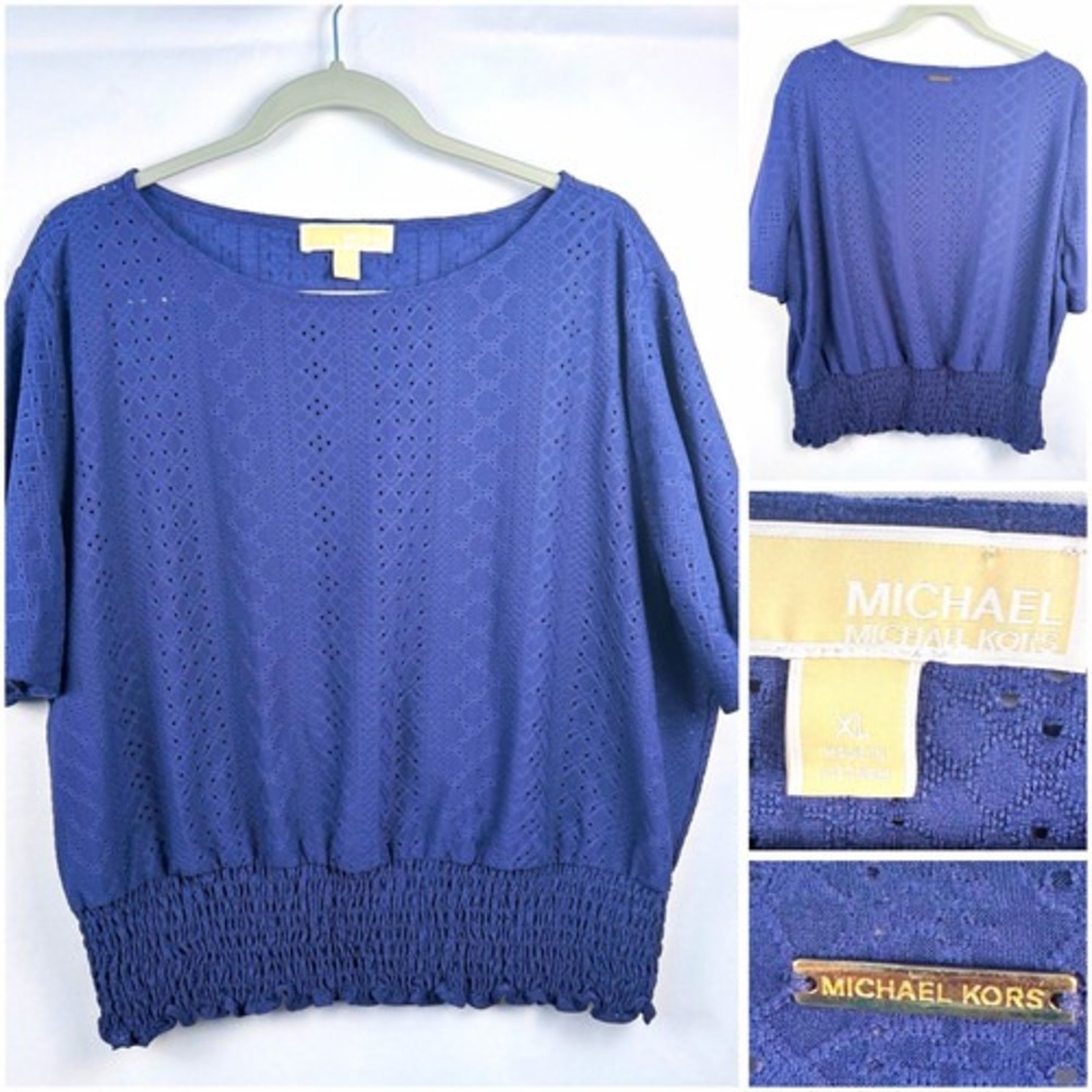 MICHAEL Michael Kors Women's XL Blue Solid Round Neck Eyelet Pullover Blouse